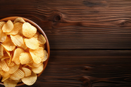 Potato chips arranged on wood scattered on tableの素材