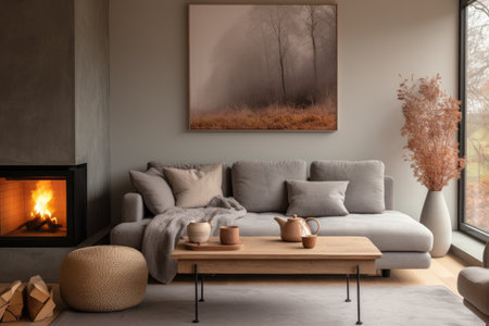 Real photo of warm living room with wooden table grey corner settee painting and fireplaceの素材