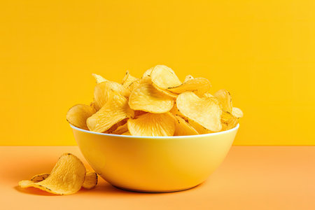Potato chips or crisps in bowl zoomed in on yellow backdropの素材