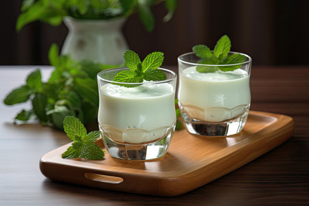 Probiotic drinks on wooden table kefir milk and Lassi Indian cuisine conceptの素材