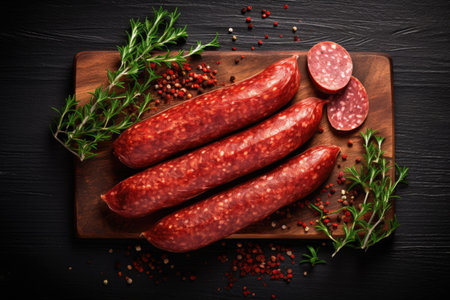 Smoked sausage salami isolated on white background with copy space Top view flat layの素材