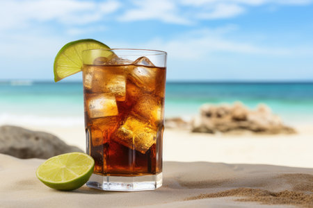 Revitalizing long island drink with ice soda and lime on a sandy shoreの素材