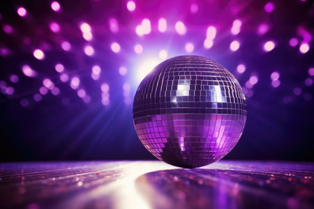 Purple light reflecting from a disco ball in a dark hall conveying a holiday atmosphereの素材
