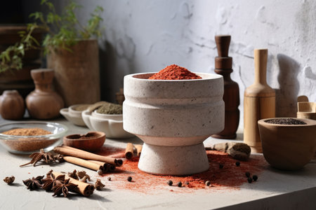 Spices and a pestle on a table in the kitchenの素材