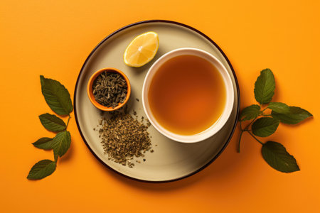 Cup with tea strainer, various tea types in bowls on plate.の素材