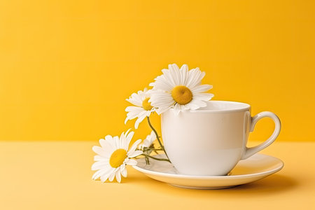 Yellow cup and saucer holding chamomile tea with a flower on the surface. Copy space on yellow backgの素材