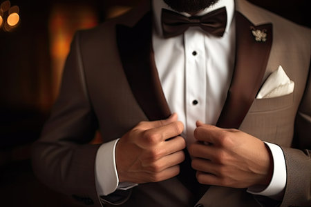 Stylishly suited man fixing groom's bow tie, close-up.の素材