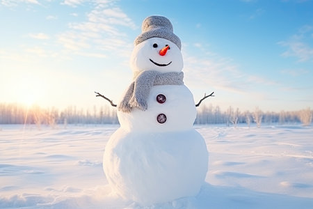 Happy snowman made of snow, alone, in winter.の素材