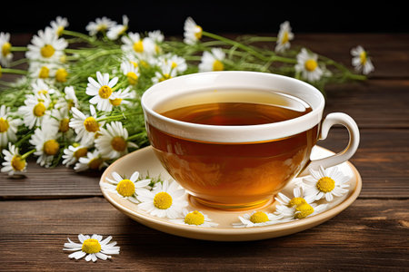 Chamomile tea on wooden background.の素材