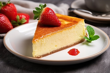 Basque burnt cheesecake with strawberries on a white plate, selective focus.の素材