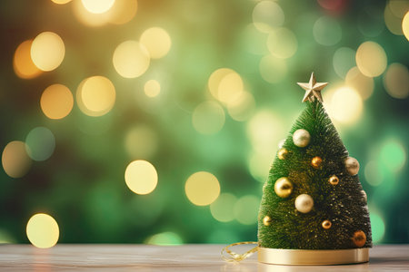 Green Christmas tree with glowing lights creates a blurred background for Christmas and New Year decの素材