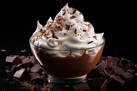 Chocolaty dessert topped with cream and marshmallow on dark backdropの素材