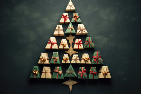 Overhead view of Christmas tree made of gift boxes.の素材