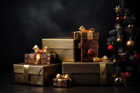 Christmas gifts against a dark backdropの素材