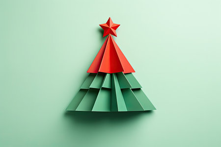 Minimal concept of Christmas tree-shaped paper cutout on green and red background.の素材