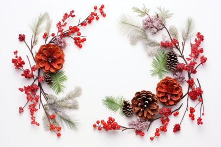 Winter wedding flat lay with Christmas floral wreath featuring cypress, eucalyptus, pine cones, berrの素材