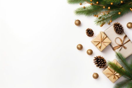 Christmas theme with presents, pine branches, and toys on a white backdrop. Overhead shot.の素材