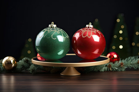 Christmas celebrated yearly with exciting activities, displays green and red baubles on round podiumの素材