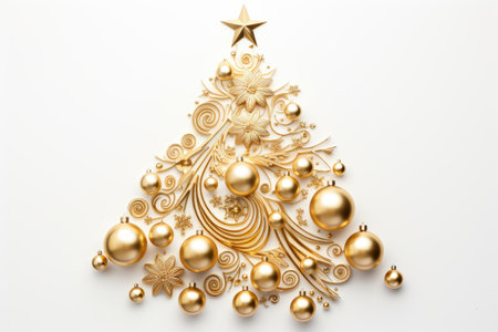 Christmas tree decoration with gold baubles and ornaments. Festive symbol for holiday season. Whiteの素材