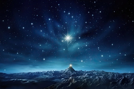 Christmas star in the Bethlehem Nativity, shining in a beautiful dark blue starry sky.の素材