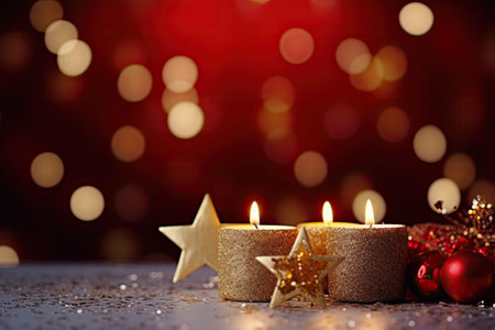 Festive Christmas background with stars, candles, and copyspace.の素材