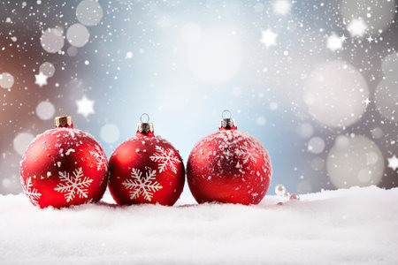 Christmas decorations with red baubles and snowflakes against a snowy backdrop.の素材