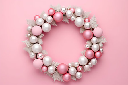 Top view of a modern traditional Xmas wreath with snowy branches, white and green paper baubles on aの素材