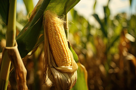 Corn cob in organic corn field captured with selective focus.の素材
