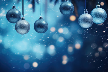 Blue night with glittering lights and defocused ornaments on fir branches in abstract backgroundの素材