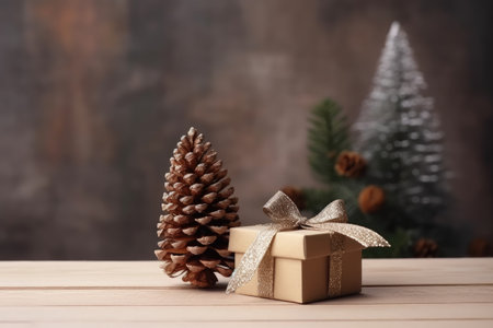 Eco-friendly, mini Christmas tree on wooden board with pine cone in gift box. Zero waste decor for Cの素材