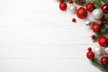Christmas holiday composition on white wooden background with space for text.の素材
