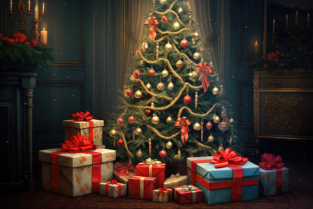 Gifts placed under a festive holiday treeの素材
