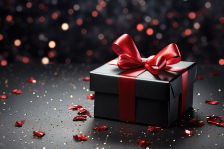 Warped gift box with red ribbon, black Friday voucher box, sale discount tag.の素材