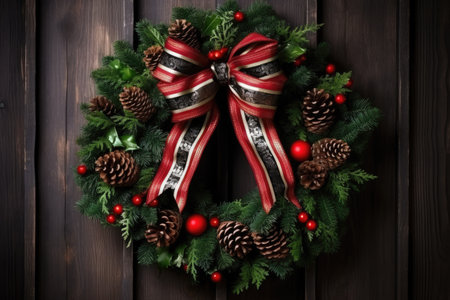 Christmas wreath with fir, pine, and spruce branches adorned with cones, berries, and ribbon bow onの素材