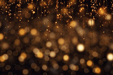 Glittering gold garland lights on a dark background during Christmas.の素材