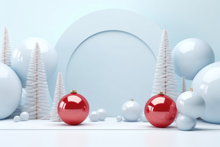 Minimalist podium with Christmas balls on a light blue backdrop Catwalk for product and cosmetic preの素材
