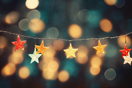 Festive lights dangle from tree branches against a blurred backdrop.の素材