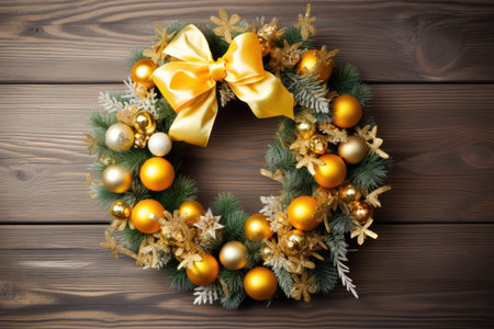 DIY Christmas wreath on wooden backdrop.の素材