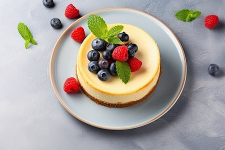 Top view of classic New York cheesecake with fresh berries on a light blue concrete background.の素材