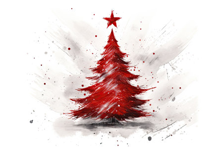 Red star adorned brush-drawn Christmas tree on white backdrop.の素材