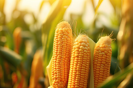 Corn cob in organic corn field captured with selective focus.の素材