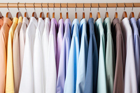 Men's shirts on hangers in a shop.の素材