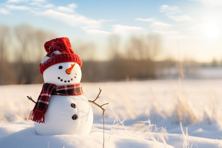 Funny snowman in idyllic countryside, wearing hat and red scarf, stands in vast snowy meadow on sunnの素材