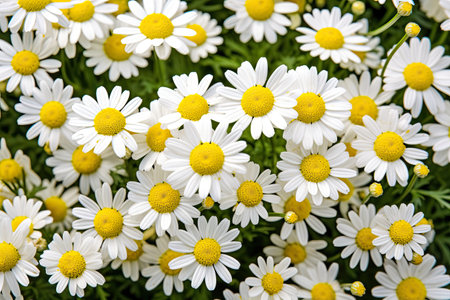 German chamomile, a well-liked herb, consists of small yellowish white flowers in a closed garden fiの素材