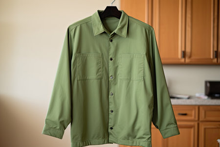Green shirt jacket on hanger, front view, close-upの素材