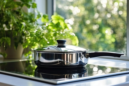 Steel frying pan on black gas stove in white interior with large window. Sun and green tree outside.の素材