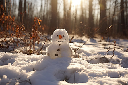 Melting snowman in clearing, sun spots, heralding spring.の素材