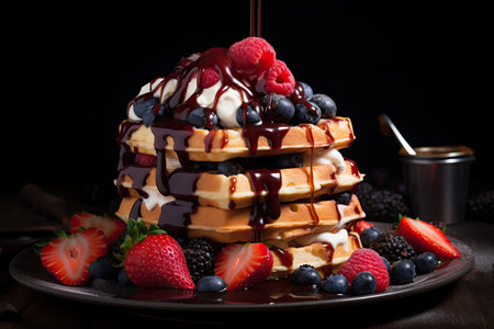 Belgian waffles with berries, marshmallow, and chocolate sauce on a black backgroundの素材