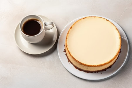 Coffee and Cheesecake on White Background, Top View.の素材