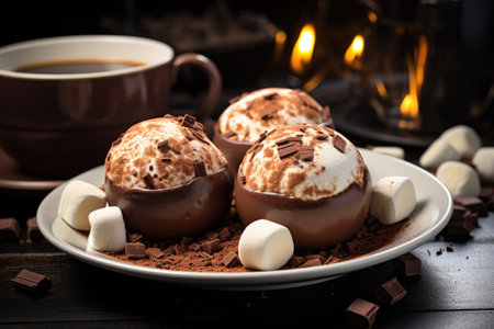 Trendy tasty drinks made with hot milk and melting chocolate, filled with marshmallows - cocoa bombsの素材